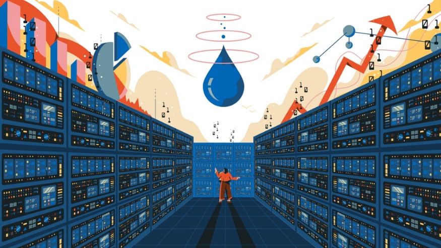 An illustration of a data center and a drop of water on top.